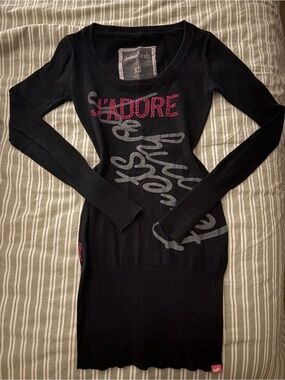 Joshua Perets Black Sweater Dress with Pink Jeweled 'J'Adore'